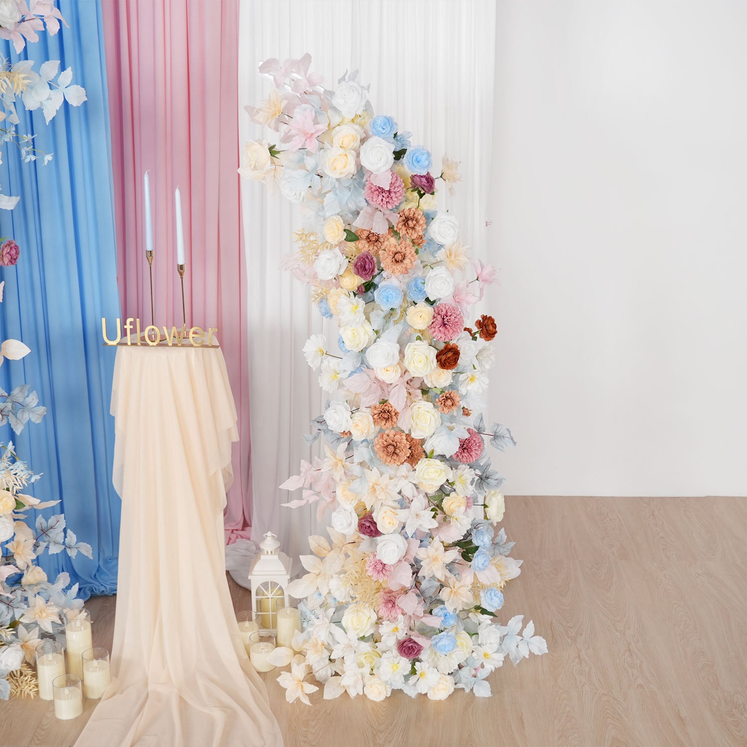Uflower Pink Blue Champagne Horn Arch Decor Wedding Backdrop Floral Ball Arrangement